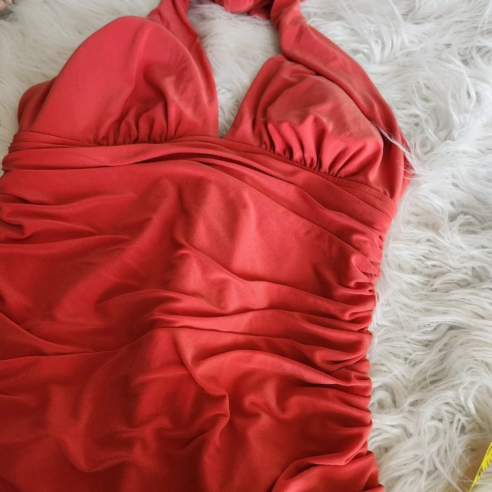 Magicsuit Yvonne Slimming Swim Dress 14W Halter‎ Ruched Dark Coral Pink